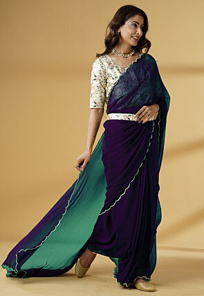 Pre Stitched Georgette Scalloped Saree in Dark Purple