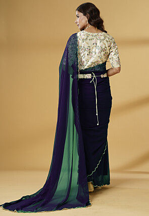 Pre Stitched Georgette Scalloped Saree in Dark Purple