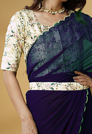 Pre Stitched Georgette Scalloped Saree in Dark Purple