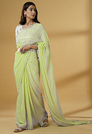 Pre Stitched Georgette Scalloped Saree in Light Green