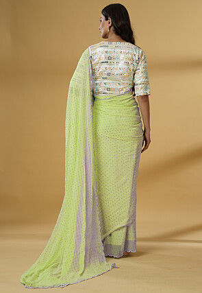 Pre Stitched Georgette Scalloped Saree in Light Green