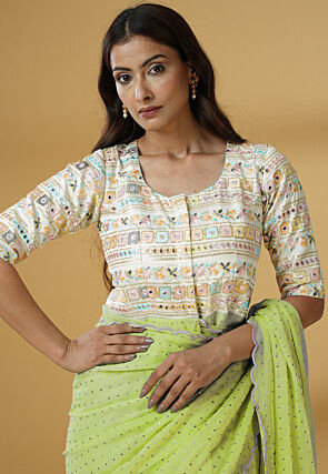 Pre Stitched Georgette Scalloped Saree in Light Green