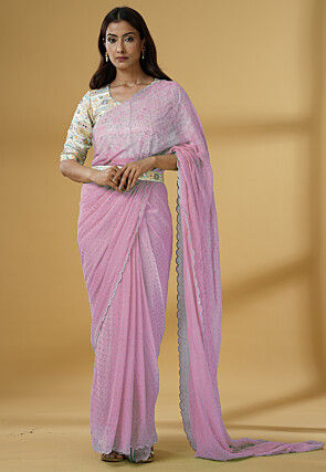 Pre Stitched Georgette Scalloped Saree in Light Pink
