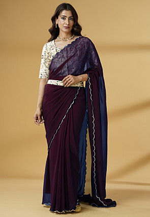 Pre Stitched Georgette Scalloped Saree in Wine