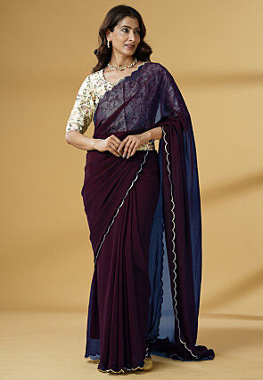 Pre Stitched Georgette Scalloped Saree in Wine