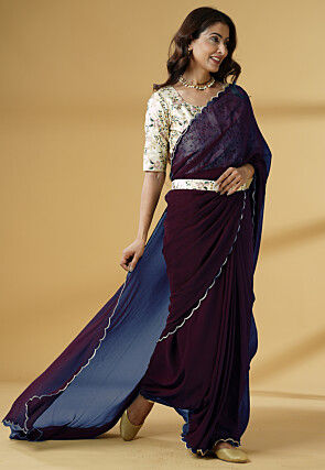 Pre Stitched Georgette Scalloped Saree in Wine