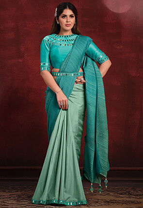 Pre Stitched Georgette Silk Saree in Sea Green and Turquoise