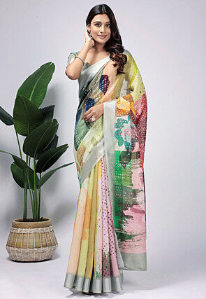 Pre Stitched Linen Silk Saree in Multicolor