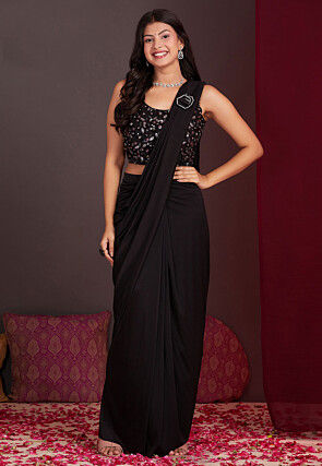 Pre Stitched Lycra (Elastane) Saree in Black
