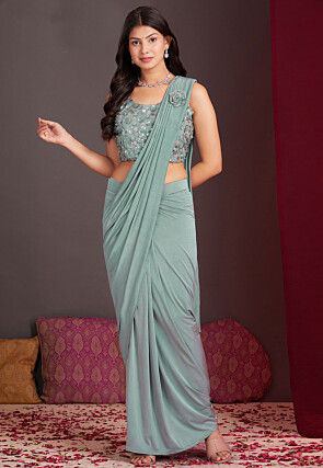 Pre Stitched Lycra (Elastane) Saree in Sea Green