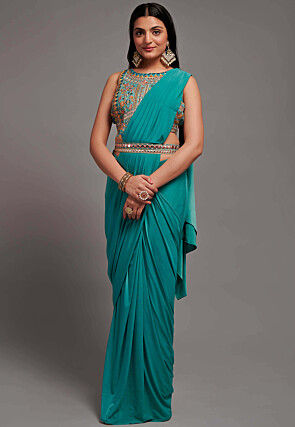 Pre Stitched Lycra (Elastane) Saree in Turquoise