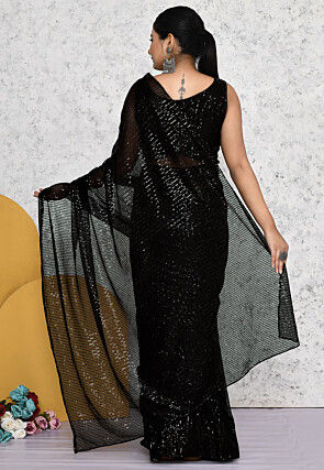 Pre Stitched Lycra Net Saree in Black