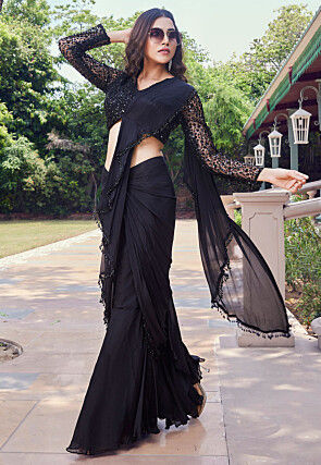Pre Stitched Chiffon Saree in Black