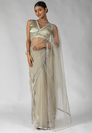 Pre Stitched Net Saree in Dusty Green