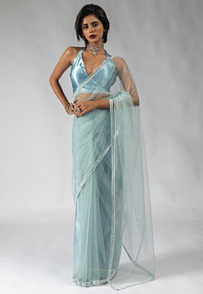 Pre Stitched Net Saree in Light Blue