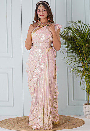 Pre Stitched Net Scalloped Hem Saree in Baby Pink