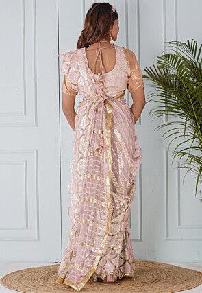 Pre Stitched Net Scalloped Hem Saree in Baby Pink
