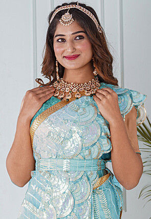 Pre Stitched Net Scalloped Hem Saree in Blue