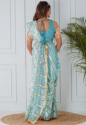 Pre Stitched Net Scalloped Hem Saree in Blue