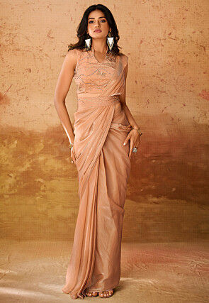 Pre Stitched Organza Saree in Beige