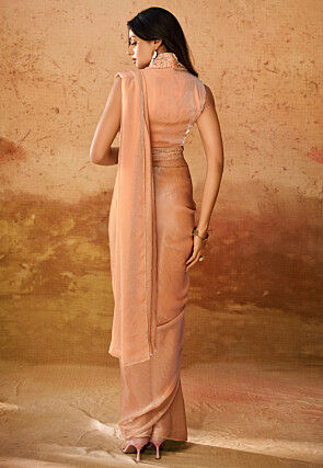 Pre Stitched Organza Saree in Beige