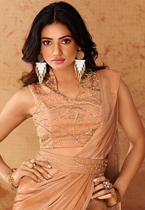 Pre Stitched Organza Saree in Beige