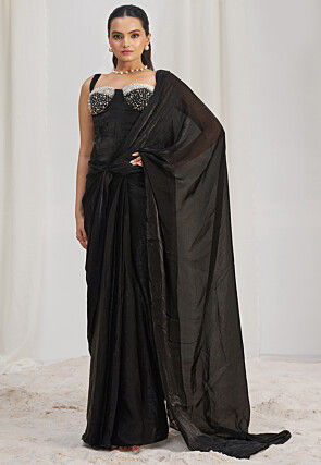 Pre Stitched Organza Saree in Black