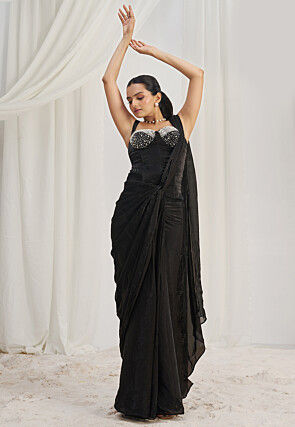 Pre Stitched Organza Saree in Black