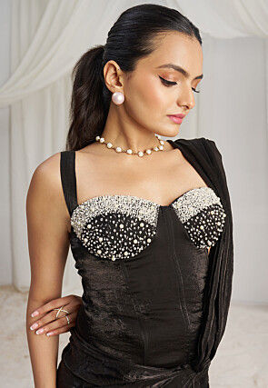 Pre Stitched Organza Saree in Black