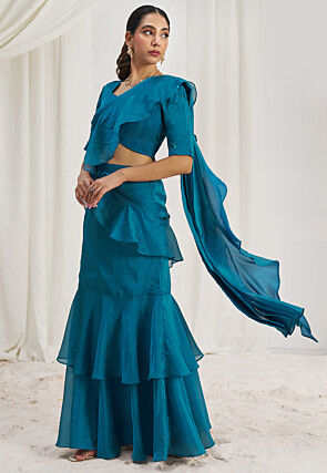 Pre Stitched Organza Saree in Blue