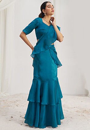 Pre Stitched Organza Saree in Blue
