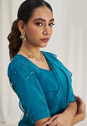Pre Stitched Organza Saree in Blue