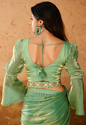 Pre Stitched Organza Saree in Green
