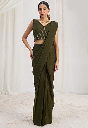 Pre Stitched Organza Saree in Olive Green