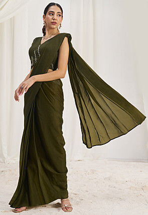 Pre Stitched Organza Saree in Olive Green