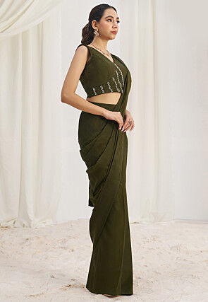 Pre Stitched Organza Saree in Olive Green