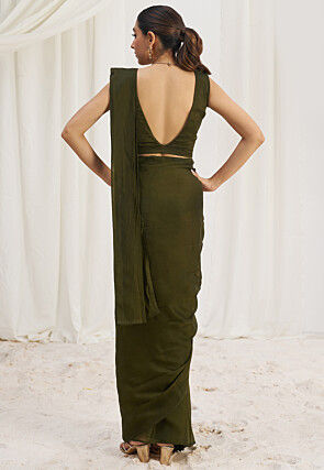 Pre Stitched Organza Saree in Olive Green