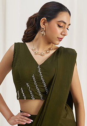 Pre Stitched Organza Saree in Olive Green