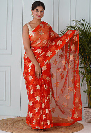 Pre Stitched Organza Saree in Orange
