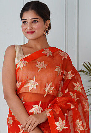 Pre Stitched Organza Saree in Orange