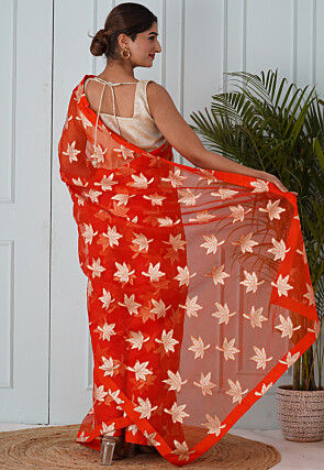 Pre Stitched Organza Saree in Orange