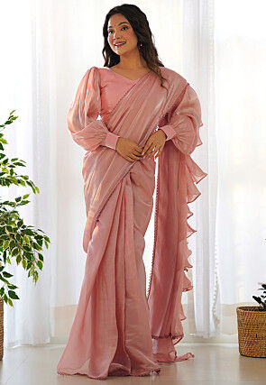 Pre Stitched Organza Saree in Peach