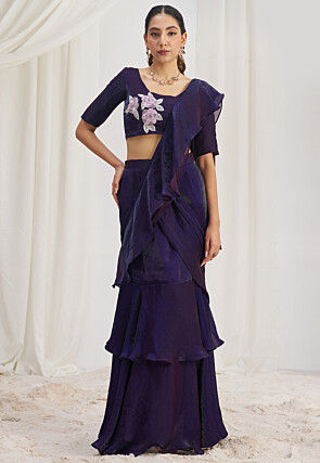 Pre Stitched Organza Saree in Purple