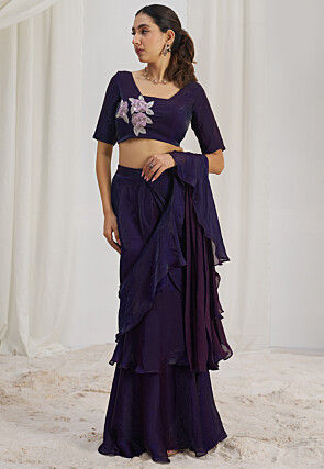 Pre Stitched Organza Saree in Purple