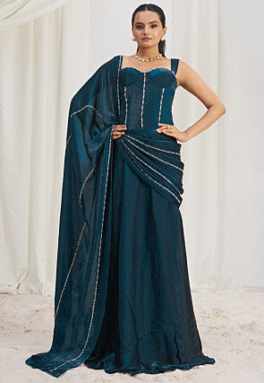 Pre Stitched Organza Saree in Teal Blue