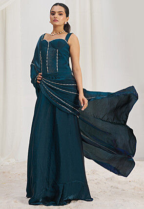 Pre Stitched Organza Saree in Teal Blue