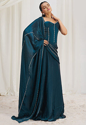 Pre Stitched Organza Saree in Teal Blue