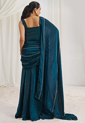 Pre Stitched Organza Saree in Teal Blue