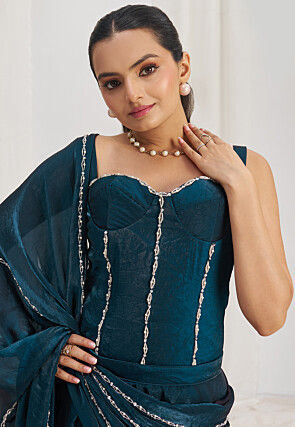 Pre Stitched Organza Saree in Teal Blue