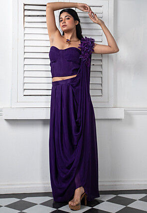 Pre Stitched Pure Chinon Chiffon Saree in Dark Purple